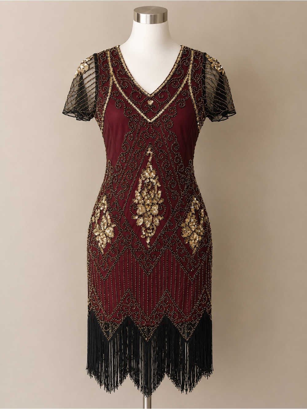 PrettyGuide Gatsby Flapper Beaded Fringe Dress Burgundy Gold Medium